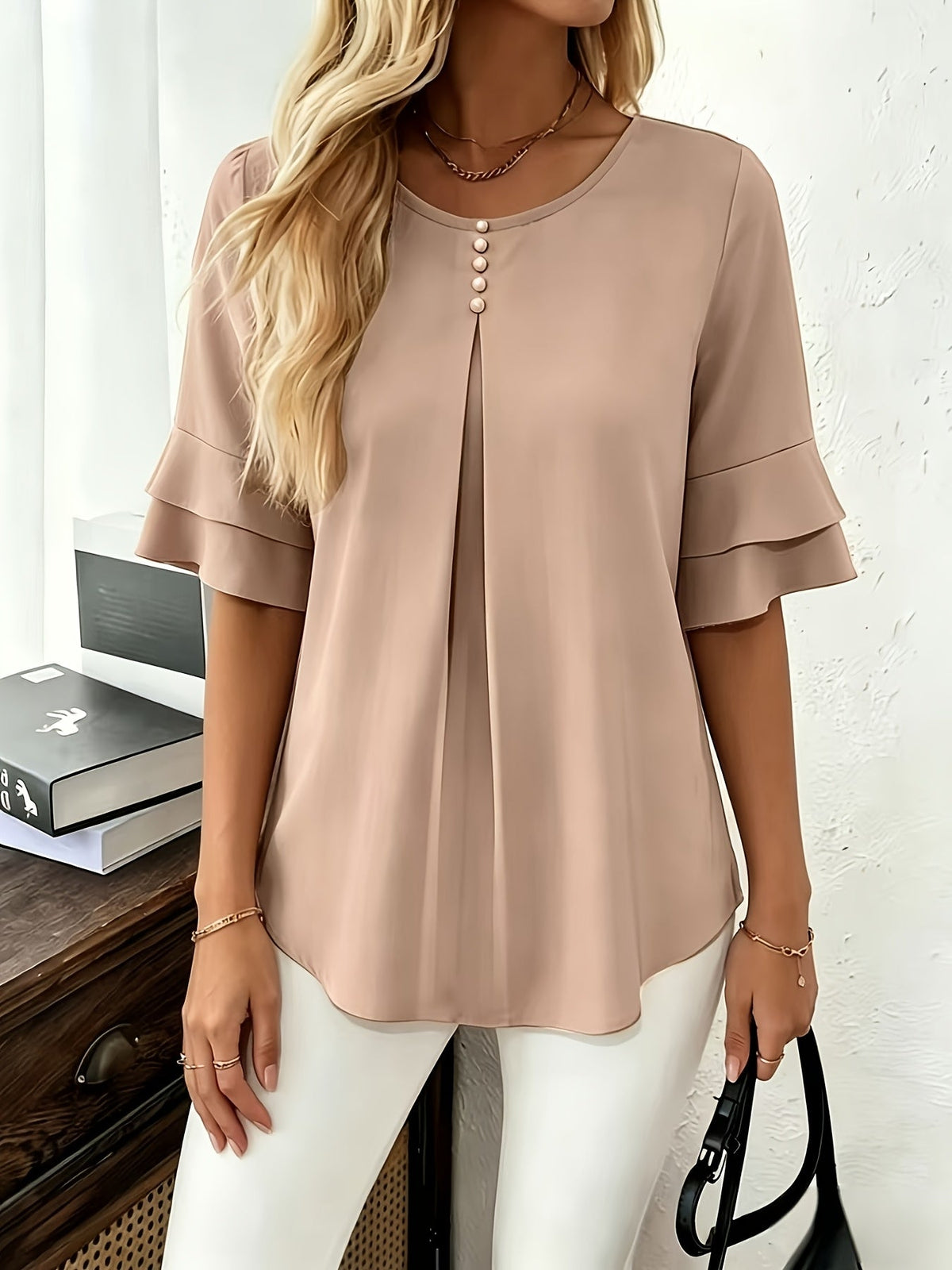 Karen | Flared-Sleeve Pleated Blouse