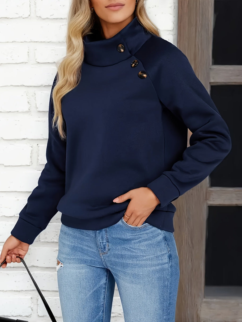 Kirsten | Button-Accent Stand Collar Sweatshirt